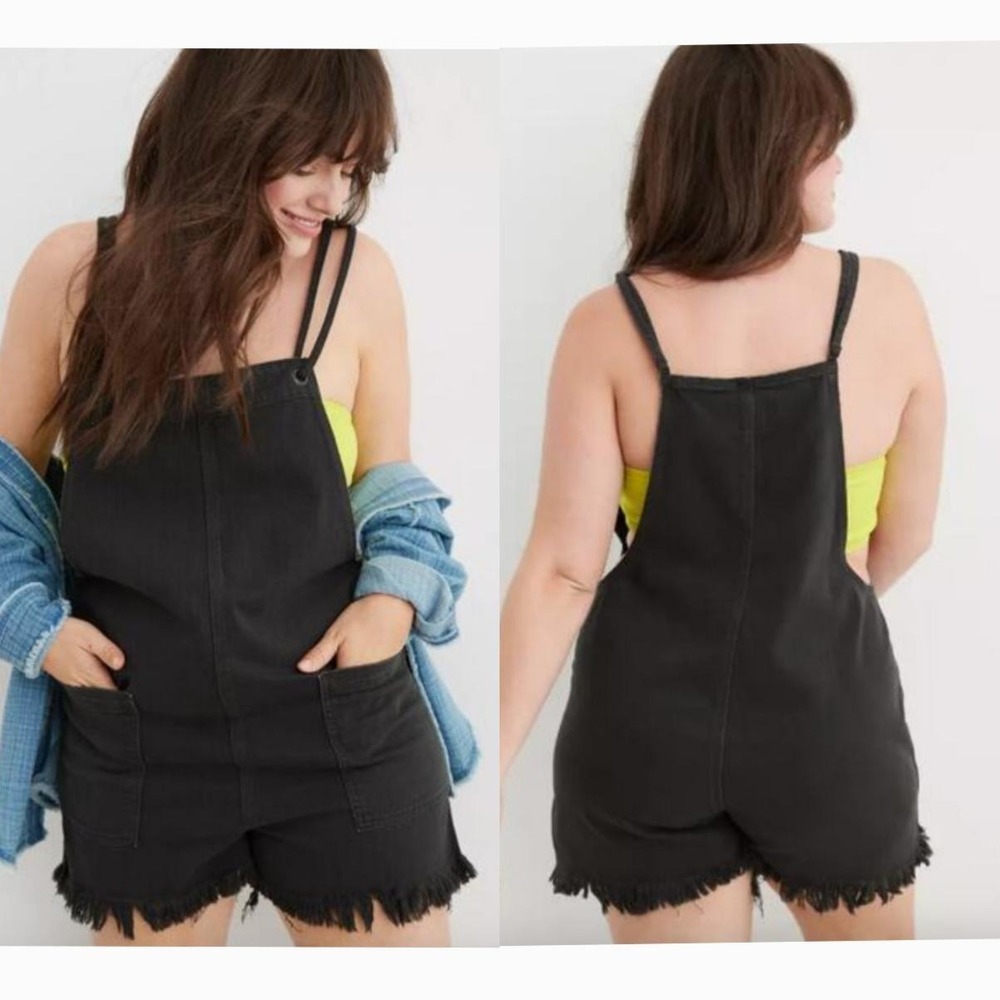Aerie Black‎ Denim Shortall Overalls Frayed Hem Spaghetti Strap Size XL